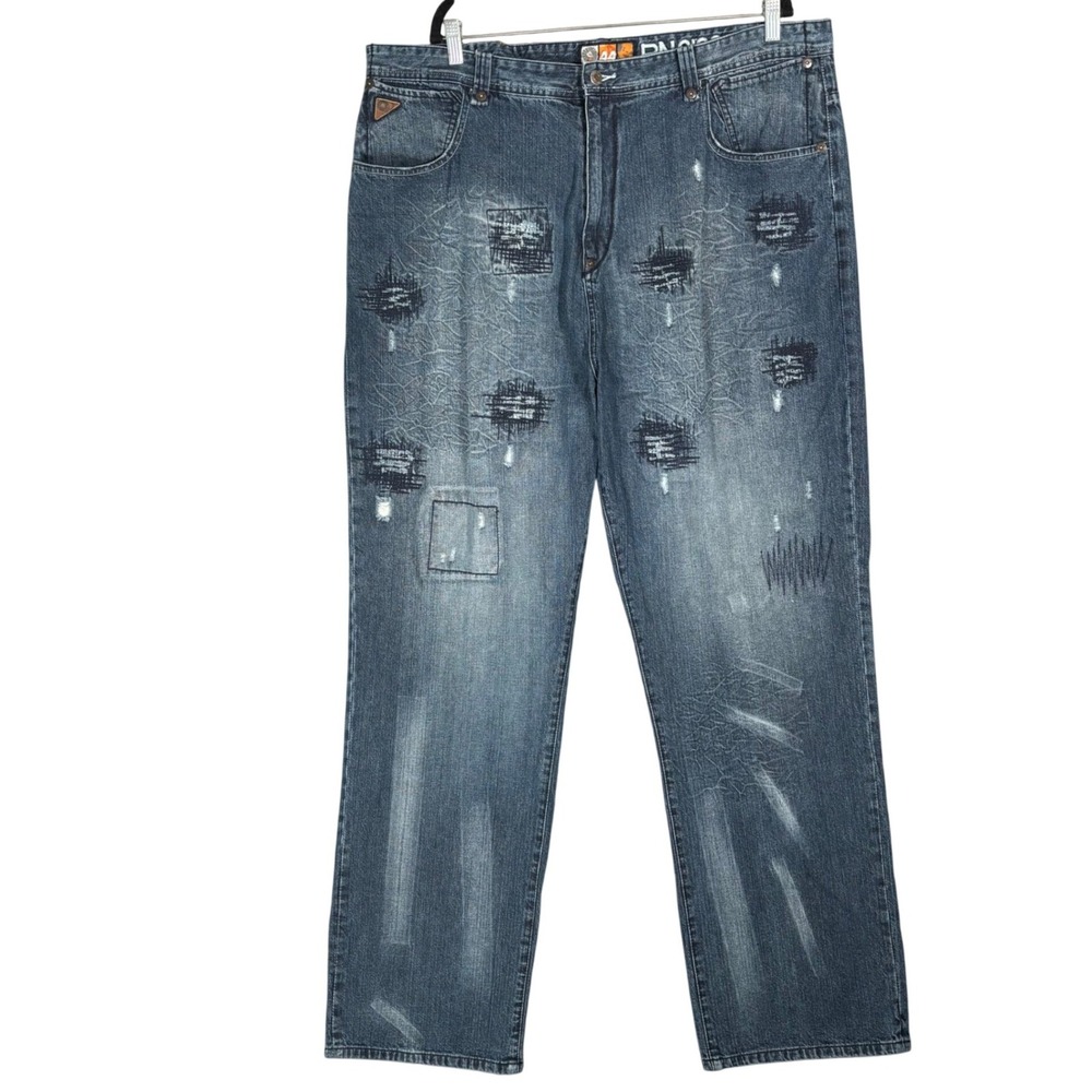 Akademiks Mens Baggy Y2K Streetwear Distressed Blue Denim Jeans Fit‎ 42x34.5
